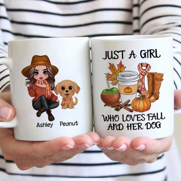 Just A Girl Who Loves Fall And Her Dogs Doll Woman Watercolor Cute Dogs Personalized Mug