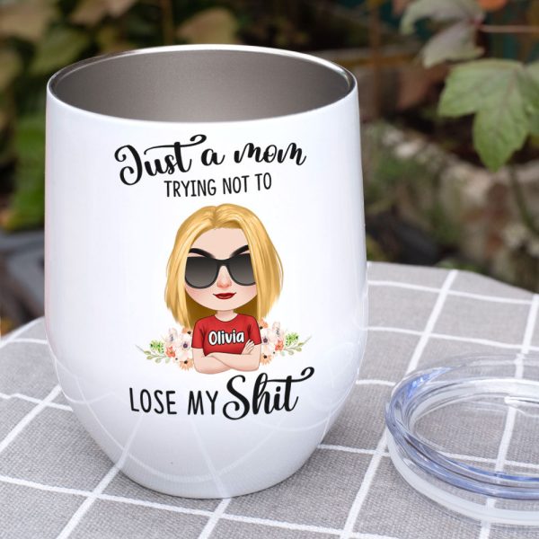 Just A Mom Trying Not To Lose My Shit, Personalized Mug, Gift For Mom, Mother's Day Gift, Chibi Woman With Crossed Arms