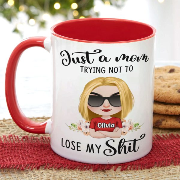 Just A Mom Trying Not To Lose My Shit, Personalized Mug, Gift For Mom, Mother's Day Gift, Chibi Woman With Crossed Arms