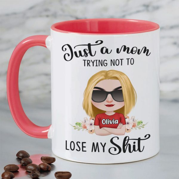 Just A Mom Trying Not To Lose My Shit, Personalized Mug, Gift For Mom, Mother's Day Gift, Chibi Woman With Crossed Arms