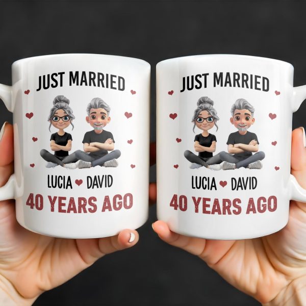 Just Married Cartoon Couple With Hearts - Personalized Custom Coffee Mug - CPL445_MG