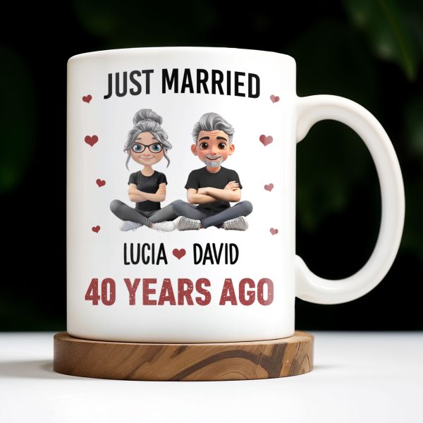 Just Married Cartoon Couple With Hearts - Personalized Custom Coffee Mug - CPL445_MG