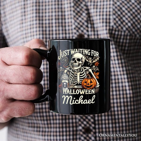 Just Waiting for Halloween Personalized Mug, Spooky Skeleton Gift with Custom Name