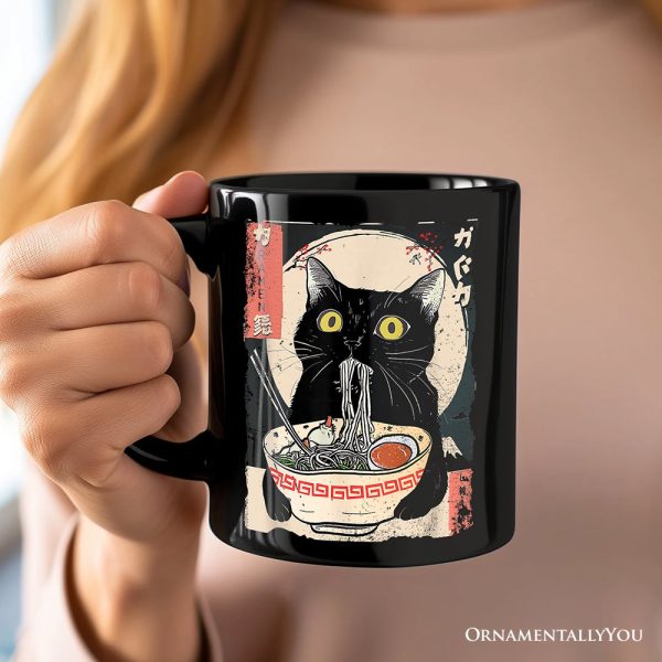 Kawaii Anime Cat Eating Ramen Personalized Mug, Noodle Japanese Art Style Gift with Custom Name