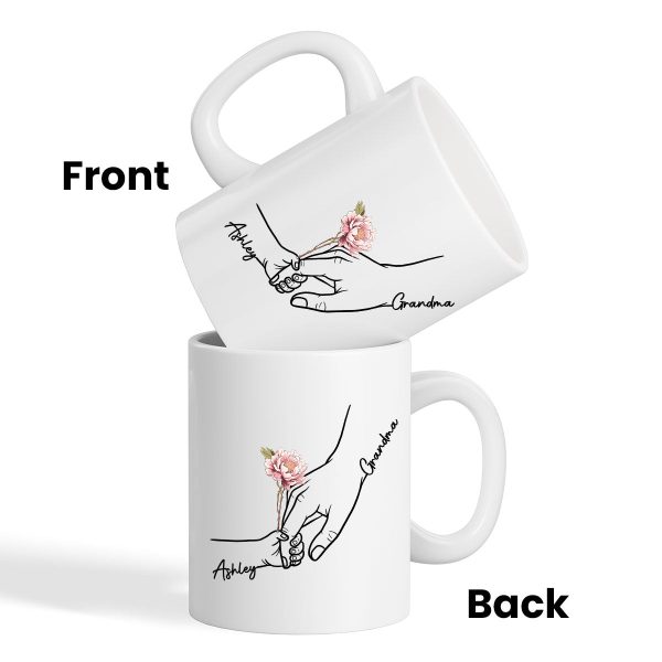 Kids Holding Grandma Mom Hand Birth Month Flowers Personalized Mug
