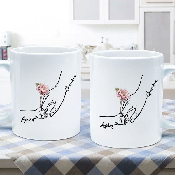 Kids Holding Grandma Mom Hand Birth Month Flowers Personalized Mug