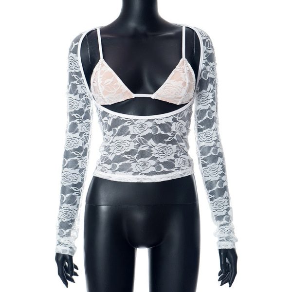 Lace Sheer Long Sleeve Cut Out Bralette Top