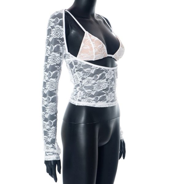 Lace Sheer Long Sleeve Cut Out Bralette Top