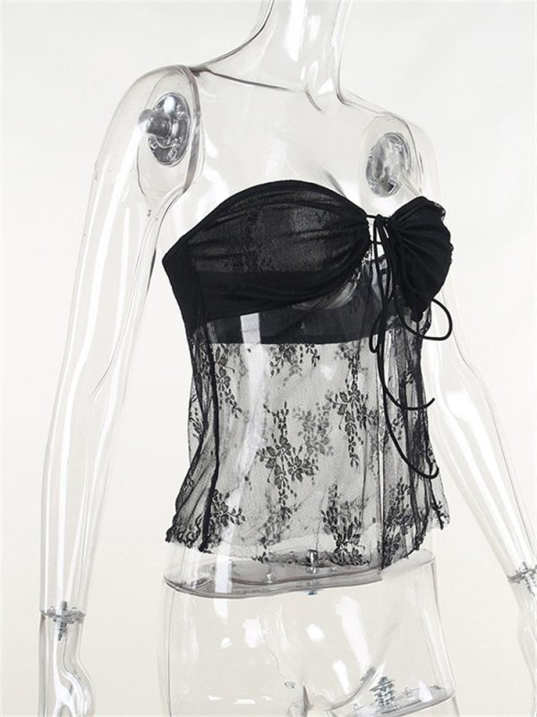Lace Sheer Tube Tie Up Slit Top