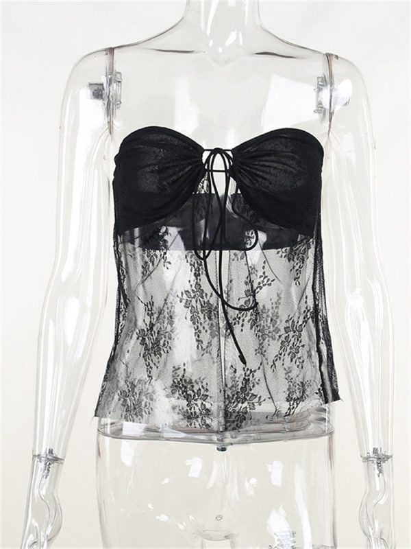 Lace Sheer Tube Tie Up Slit Top