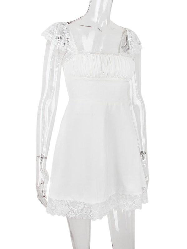 Lace Trim Square Neck Frill Mini Dress