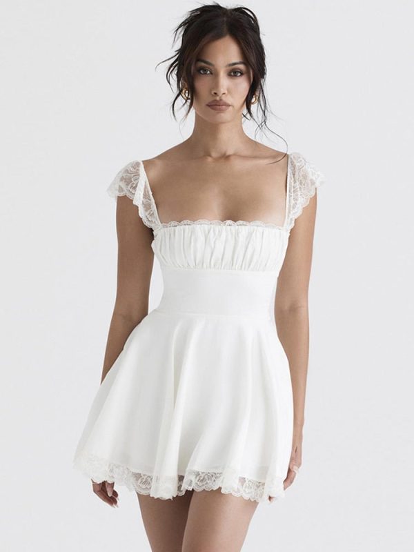 Lace Trim Square Neck Frill Mini Dress