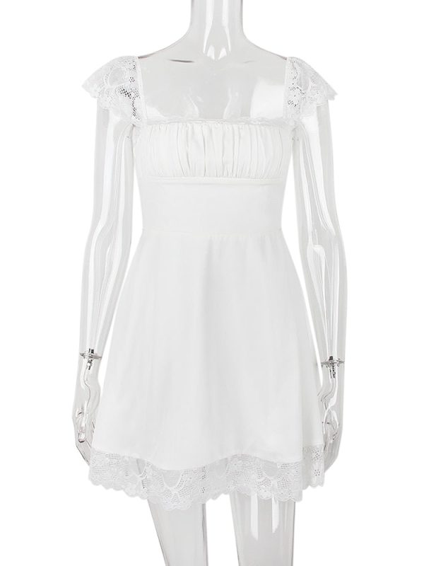 Lace Trim Square Neck Frill Mini Dress