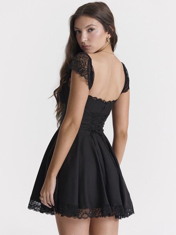 Lace Trim Square Neck Frill Mini Dress