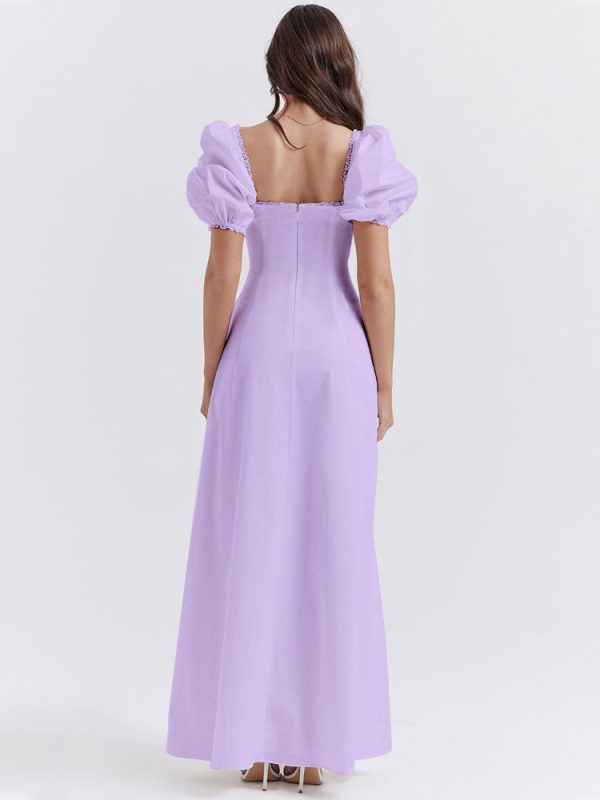 Lavender Square Neckline Puff Sleeves Maxi Dress