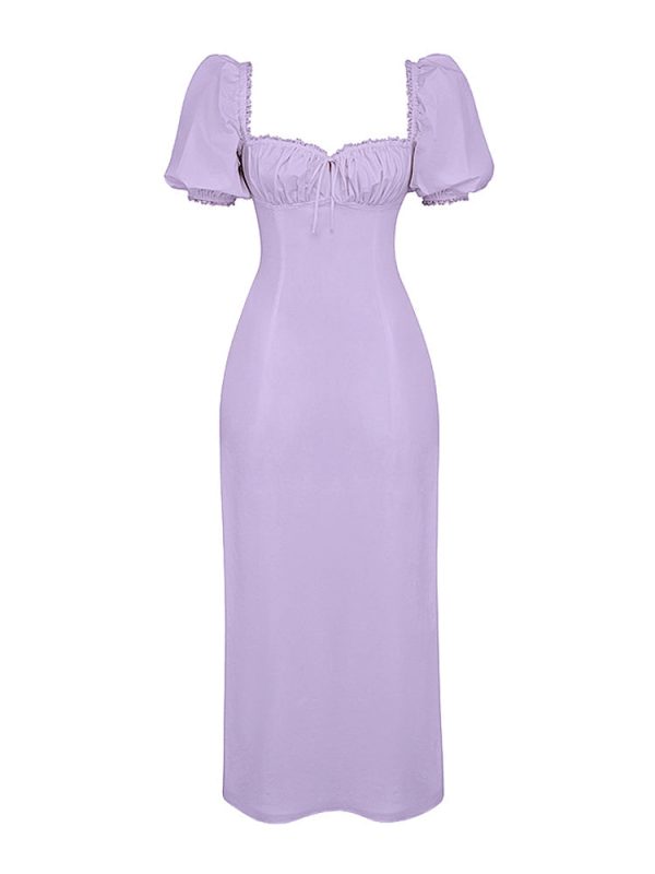 Lavender Square Neckline Puff Sleeves Maxi Dress