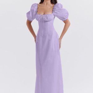 Lavender Square Neckline Puff Sleeves Maxi Dress
