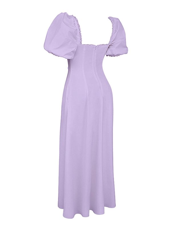 Lavender Square Neckline Puff Sleeves Maxi Dress