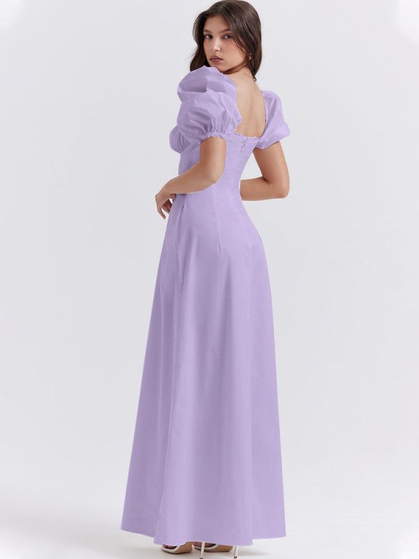 Lavender Square Neckline Puff Sleeves Maxi Dress