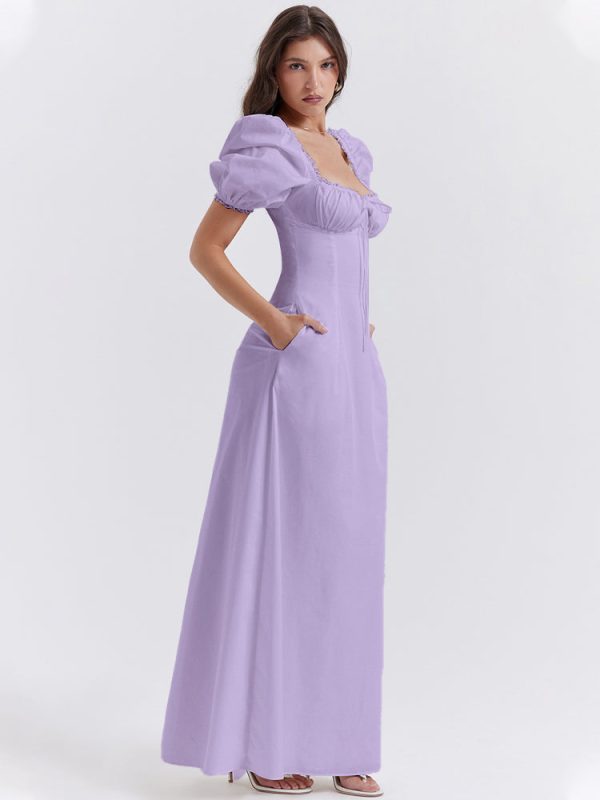 Lavender Square Neckline Puff Sleeves Maxi Dress