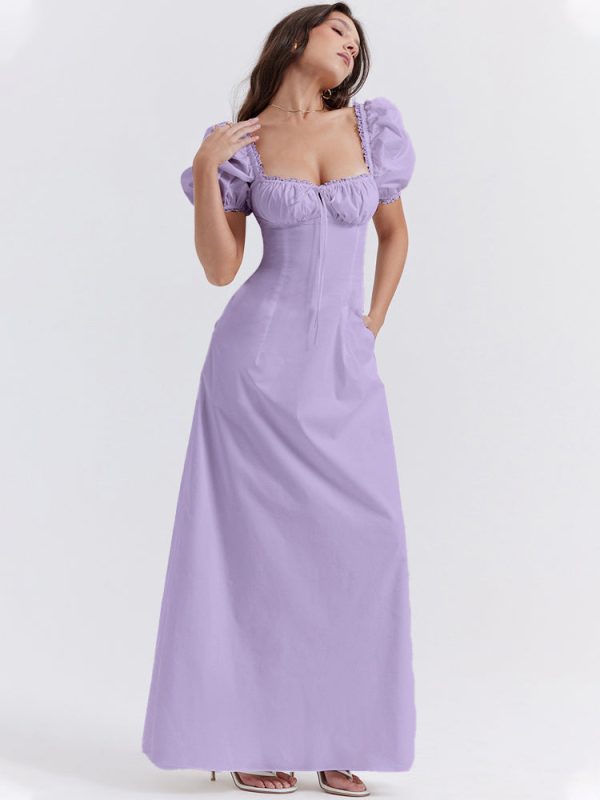Lavender Square Neckline Puff Sleeves Maxi Dress