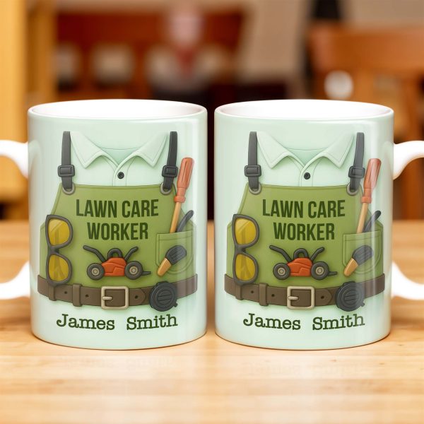 Lawn Care Worker Mug With Lawn Mower, Tools, and Sunglasses - Personalized Custom Coffee Mug - FAM324_MG
