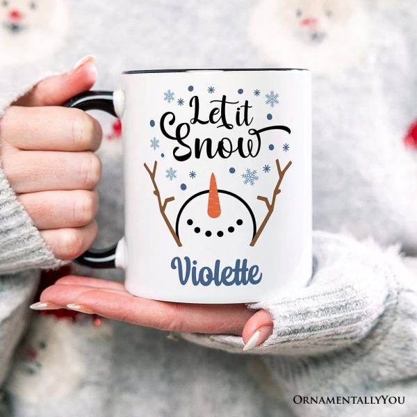 Let It Snow Snowman Personalized Mug, Snowflakes Minimalist Gift with Custom Name