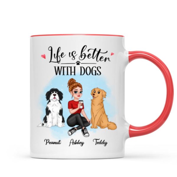 Life Better With Dog Pretty Cartoon Woman & Sitting Dog Personalized Mug
