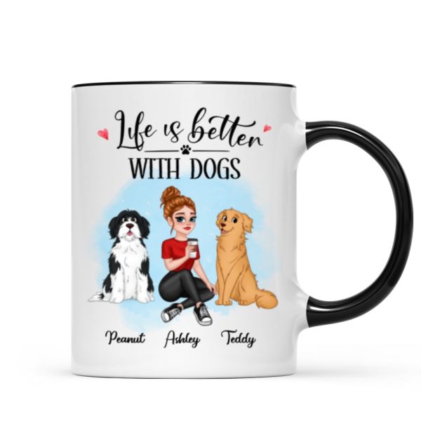 Life Better With Dog Pretty Cartoon Woman & Sitting Dog Personalized Mug