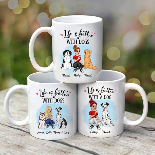 Life Better With Dog Pretty Cartoon Woman & Sitting Dog Personalized Mug