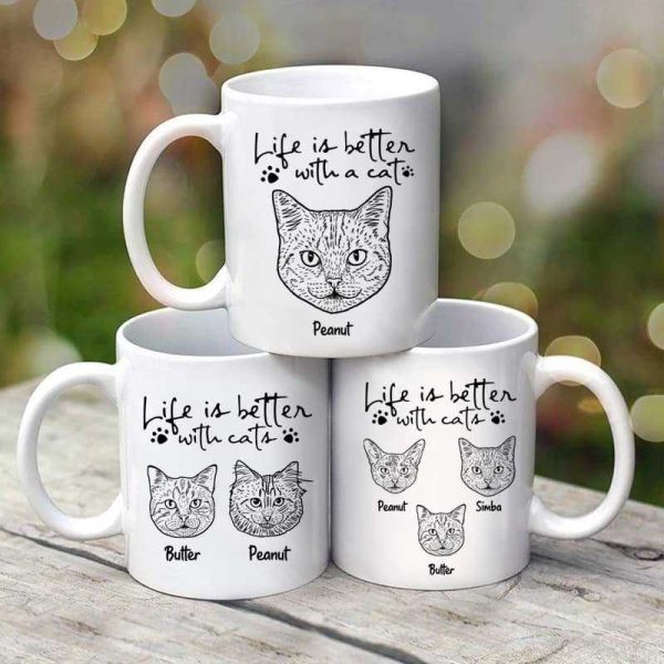 Life Is Better With Cats Cat Head Outline Personalized Mug