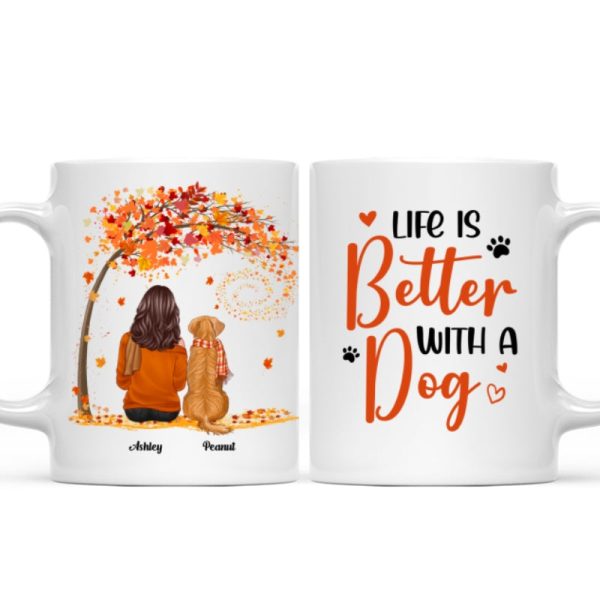 Life Is Better With Dogs Fall Season Woman Sitting Personalized Mug