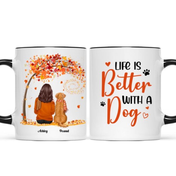 Life Is Better With Dogs Fall Season Woman Sitting Personalized Mug