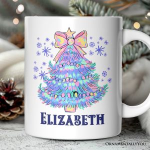 Light Blue Christmas Tree Bow Personalized Mug, Coquette Colorful Holiday Gift with Custom Name