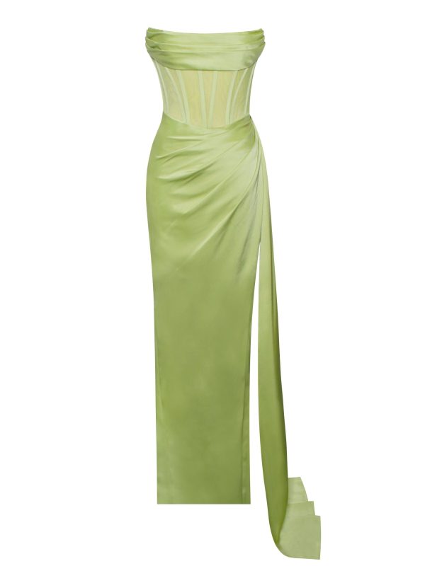 Lime High Slit Satin Mesh Corset Gown