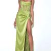 Lime High Slit Satin Mesh Corset Gown