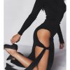 Long Sleeve Black Side Slit Hollow Tie Up Maxi Dress