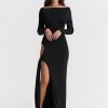 Long Sleeve Black Side Slit Hollow Tie Up Maxi Dress