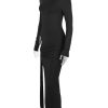 Long Sleeve Black Side Slit Hollow Tie Up Maxi Dress