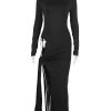Long Sleeve Black Side Slit Hollow Tie Up Maxi Dress