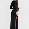 Long Sleeve Black Side Slit Hollow Tie Up Maxi Dress