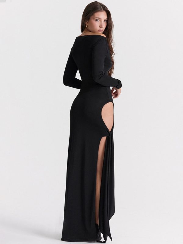 Long Sleeve Black Side Slit Hollow Tie Up Maxi Dress