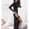 Long Sleeve Black Side Slit Hollow Tie Up Maxi Dress
