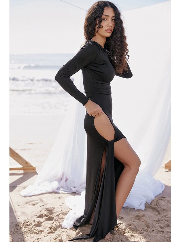 Long Sleeve Black Side Slit Hollow Tie Up Maxi Dress