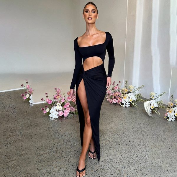 Long Sleeve  Cut Out High Split Maxi Dress