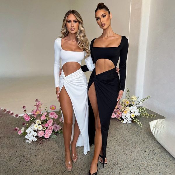 Long Sleeve  Cut Out High Split Maxi Dress