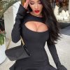 Long Sleeve Cutout Front Ruffle Hem Bandage Mini Dress - Black