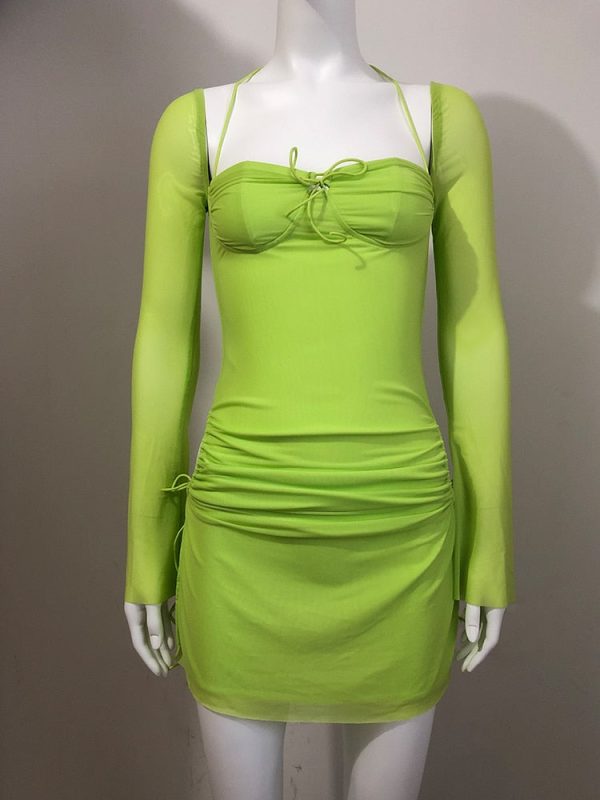 Long Sleeve Mesh Tie Up Hollow Drawstring Mini Dress