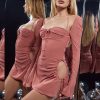 Long Sleeve Mesh Tie Up Hollow Drawstring Mini Dress
