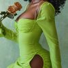 Long Sleeve Mesh Tie Up Hollow Drawstring Mini Dress